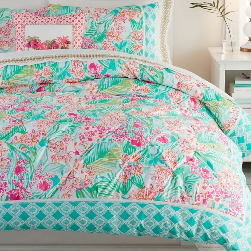 Tropical Floral Duvet Cover in Aqua and Pink
